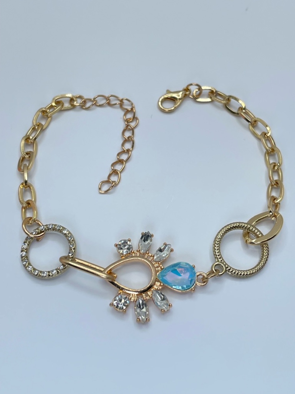 Gold Tone Crystal Toggle Bracelet Blue Teardrop Rhinestone Statement - Picture 2 of 7